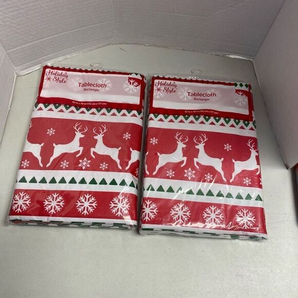 HOLIDAY STYLE Two  Rectangular Tablecloth  52”X70” Red & White Christmas Reindee - Picture 3 of 5